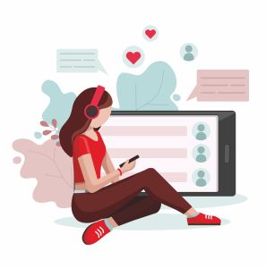 Young girl wearing headphones Girl listening to music with smar