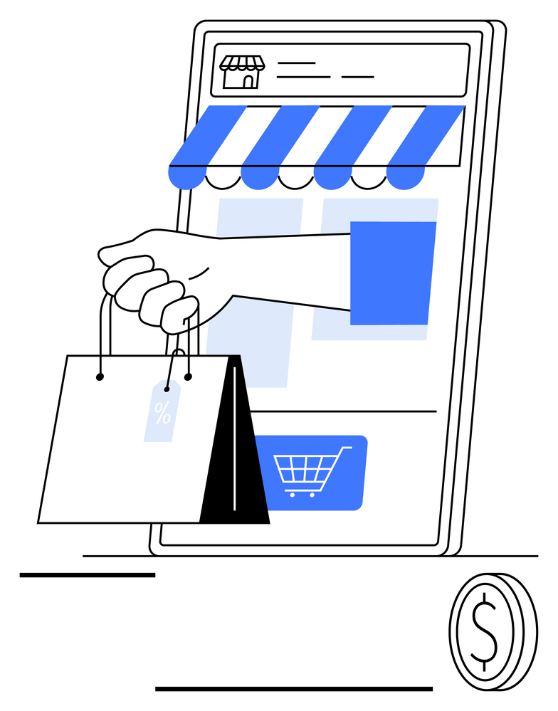 Online Shopping Concept with Smartphone Storefront and Hand Holding Shopping Bags